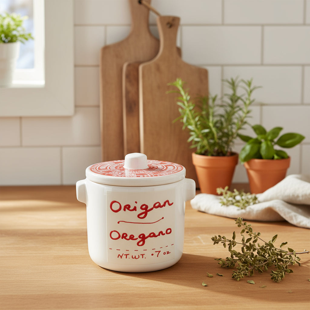 A white ceramic pot with the words 'Oregano' and 'Oregano' written in red and black on the front, indicating the type of herb it contains.