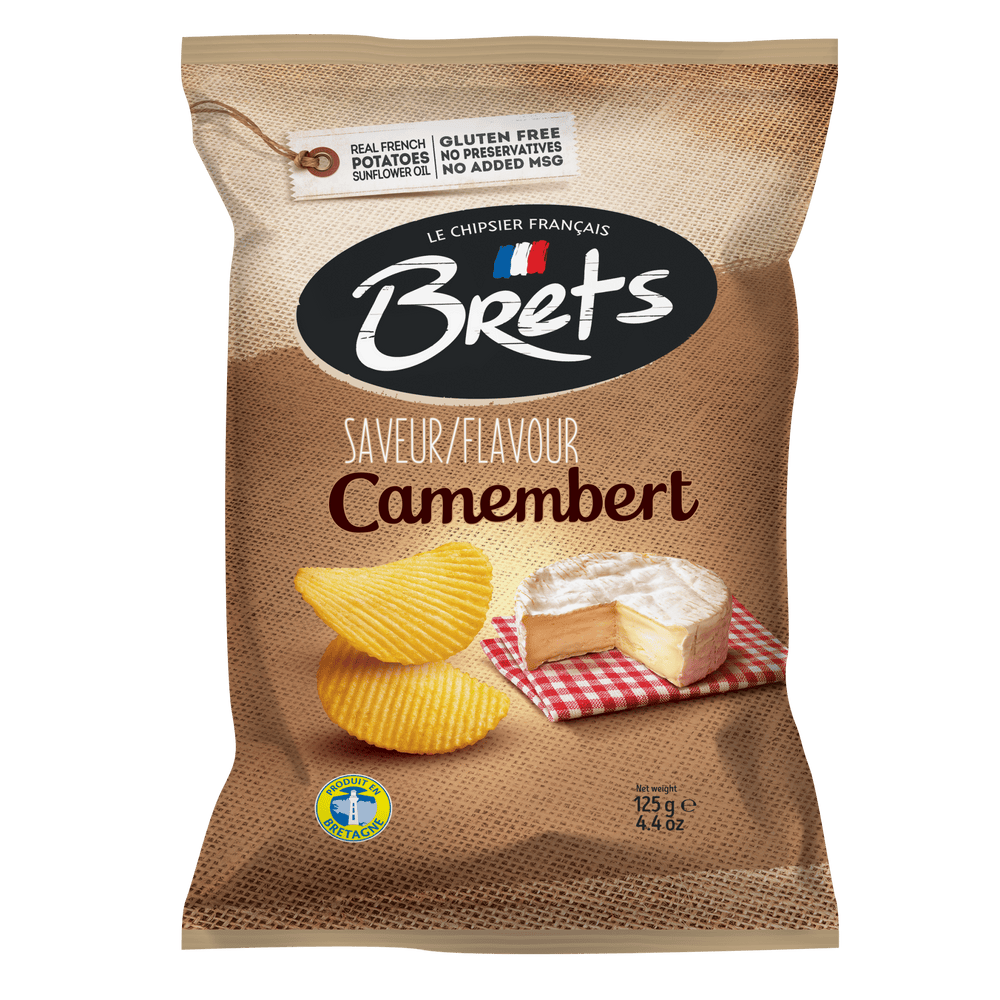 Bret's Camembert flavor potato chips 125 g bag, front view