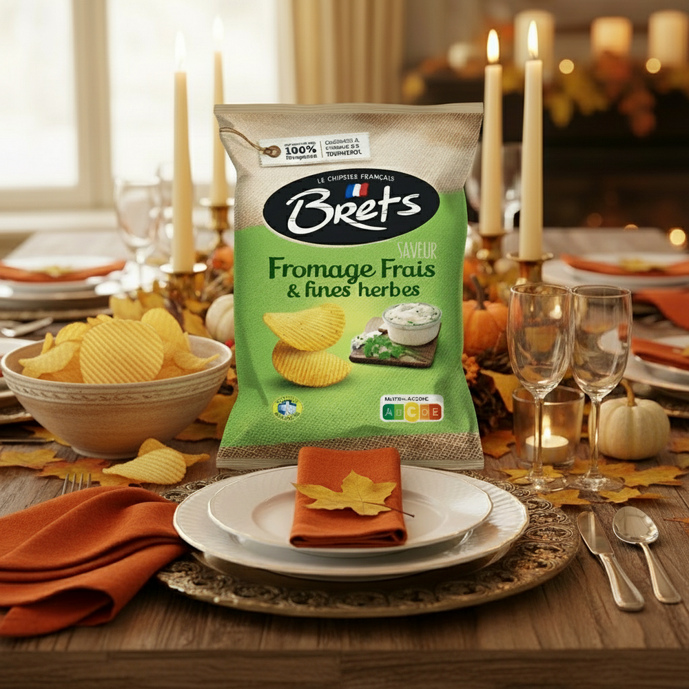 Bret's Fromage Frais and Fine Herbs potato chips 125 g bag with bowl of chips