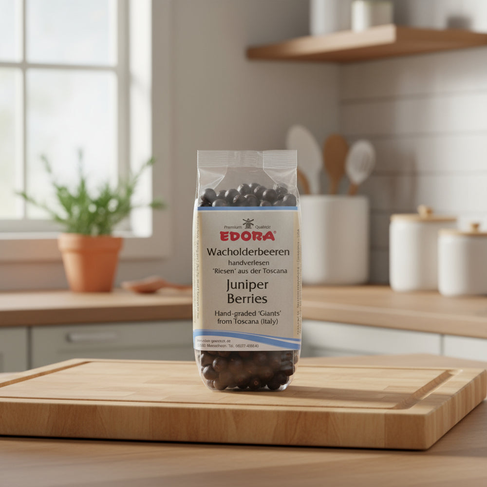 Edora Juniper Berries 50 g bag in a kitchen scene