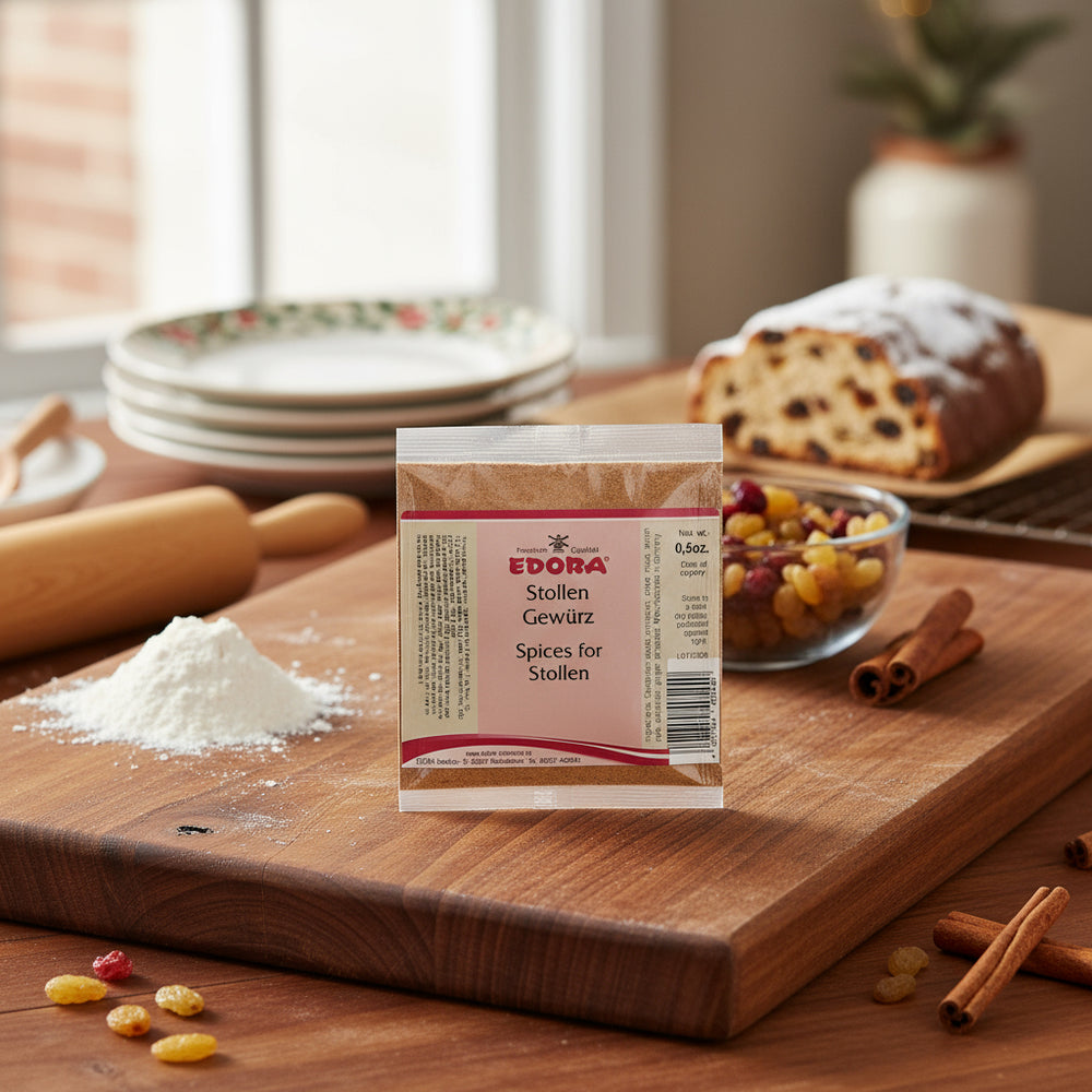 Edora Stollen Gewürz spice box in a holiday baking scene