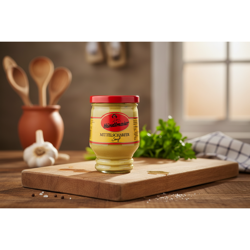 A jar of Handlmaier Mittelscharf Bavarian Mustard with a red label and a red lid on a plain background.