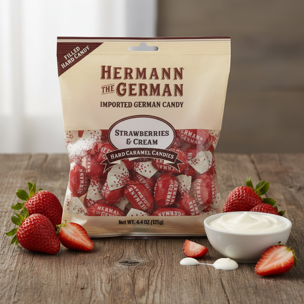 Hermann the German Strawberries & Cream Hard Caramel Filled Wrapped Candy