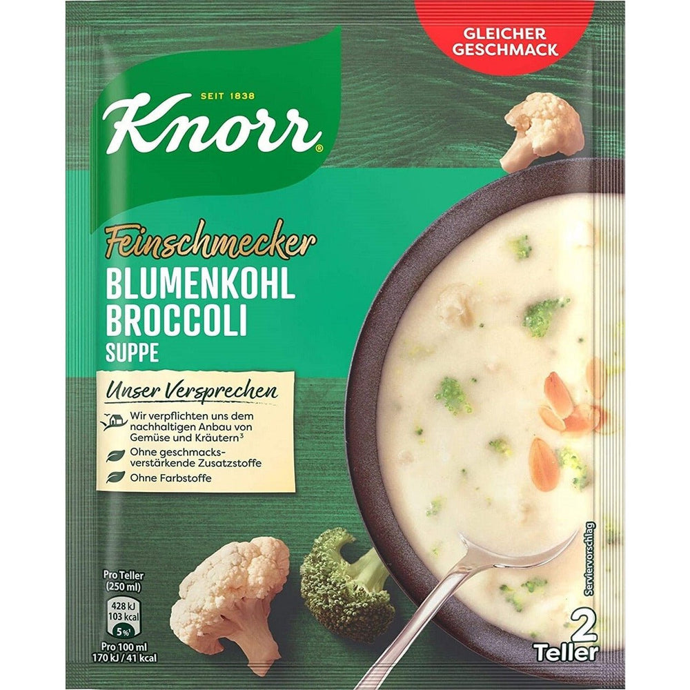 Packaging of Knorr Broccoli & Cauliflower Cream Soup with an image of the soup and pieces of broccoli and cauliflower.