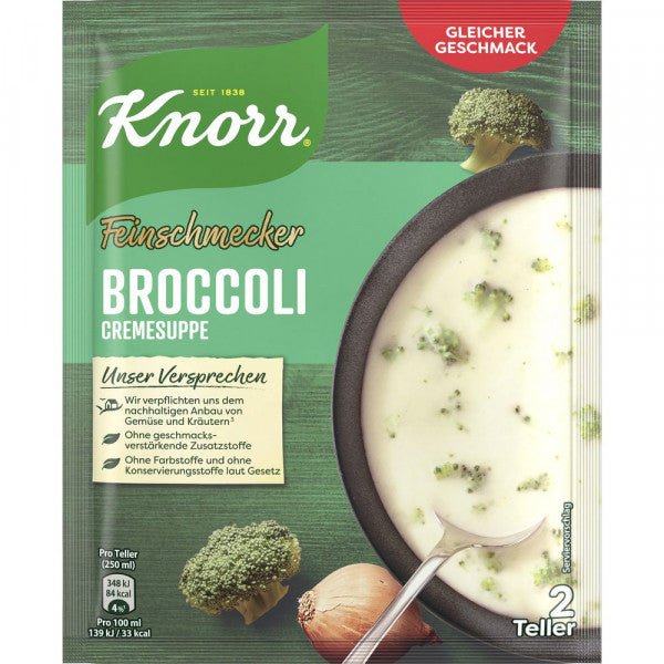 Packaging of Knorr Broccoli Cream Soup Mix showing the product name, an image of the soup, and broccoli ingredients.