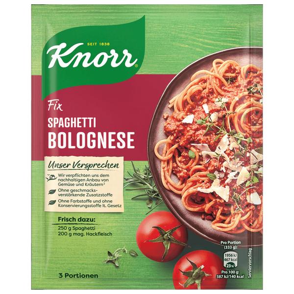 Packaging of Knorr Fix Spaghetti Bolognese mix showing the product name, an image of spaghetti bolognese, and ingredients like tomatoes and herbs.