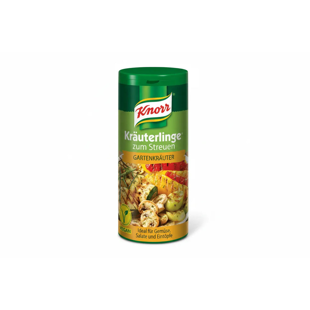A container of Knorr Kräuterlinge Garden Herbs seasoning, displaying the product name and images of herbs like chives and parsley on the label.
