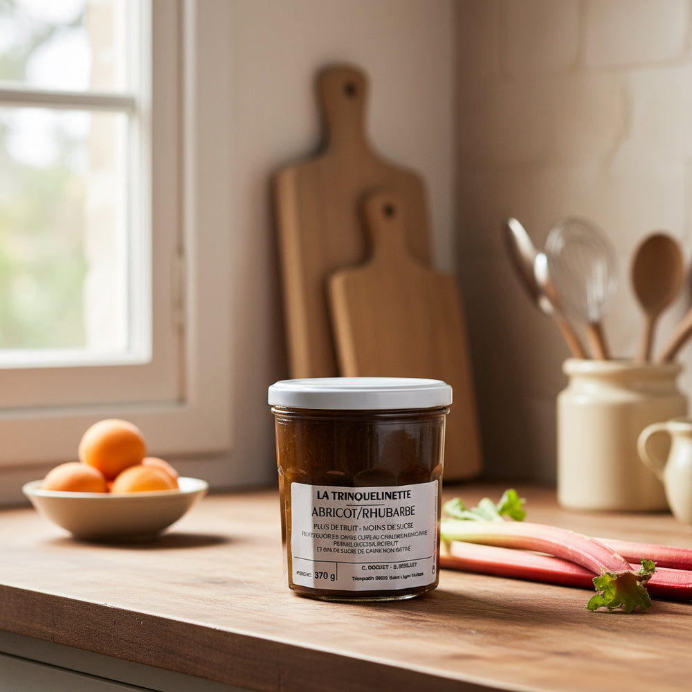 La Trinquelinette Apricot Rhubarb Jam jar in a kitchen scene