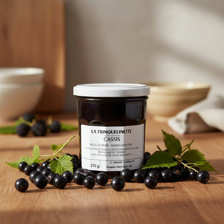 La Trinquelinette Blackcurrant Jam jar with blackcurrants in a kitchen scene
