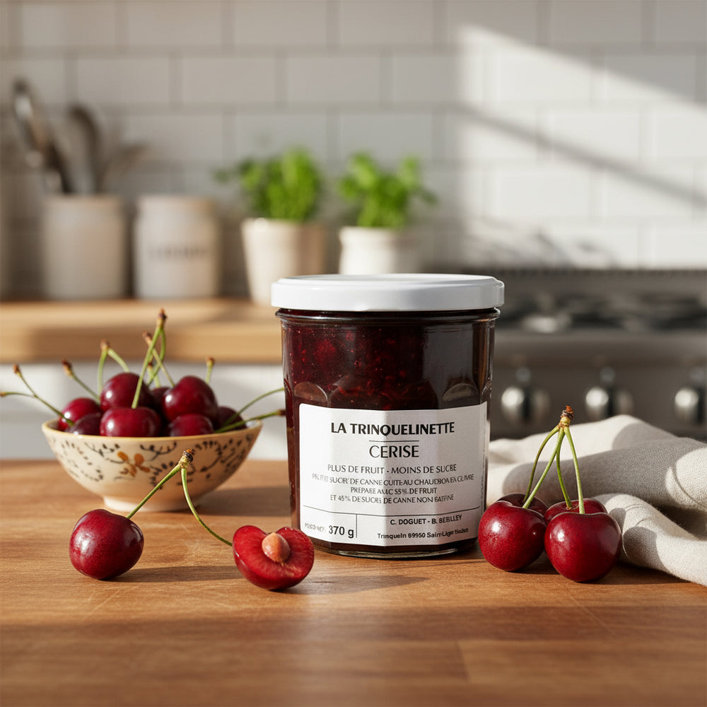 La Trinquelinette Cherry Jam jar with cherries in a kitchen scene