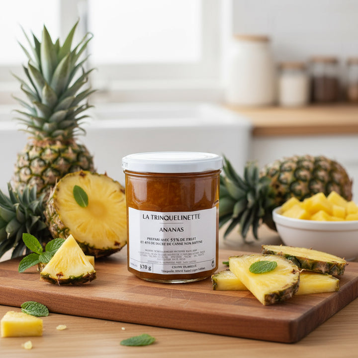 La Trinquelinette Pineapple Jam jar with fresh pineapple in a kitchen scene