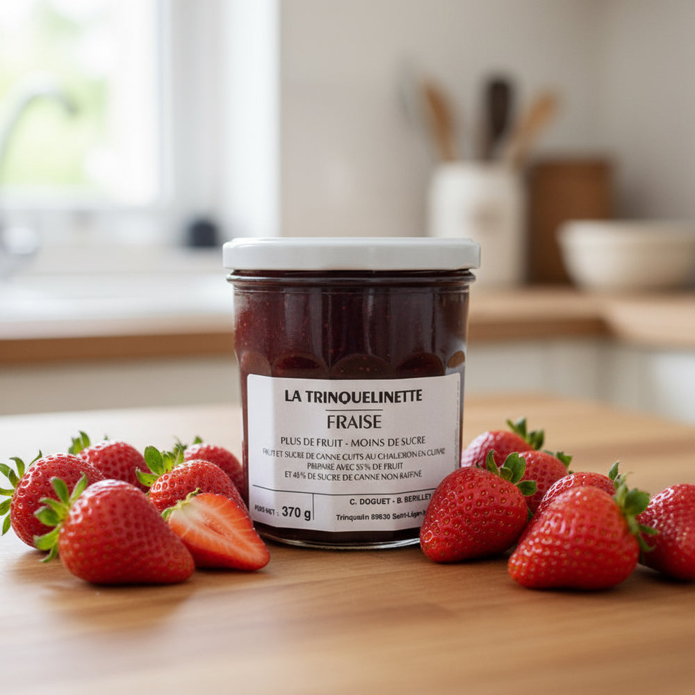 La Trinquelinette Strawberry Jam jar with strawberries in a kitchen scene