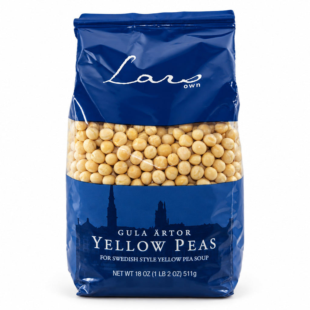 A package of Lars Own Yellow Peas, with a transparent section showing yellow dried peas inside, against a blue background with white text.