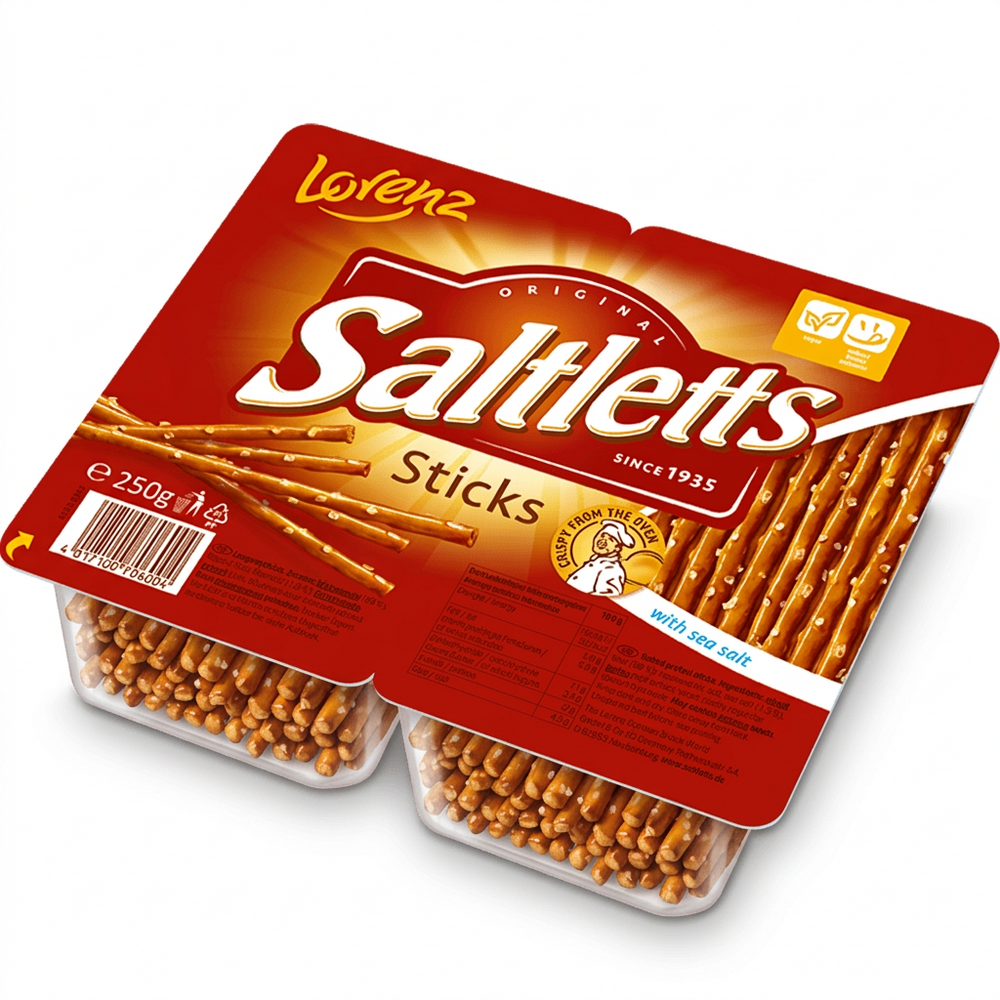 Packaging of Lorenz Saltletts Classic Sticks Tray showing the product name and images of the pretzel sticks on the front.