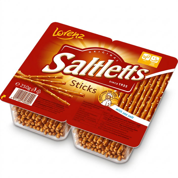 Packaging of Lorenz Saltletts Classic Sticks Tray showing the product name and images of the pretzel sticks on the front.