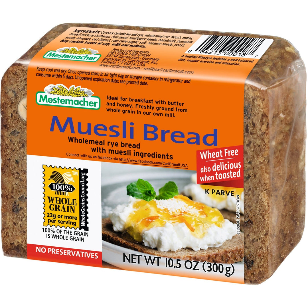 Mestemacher Muesli Bread loaf package on a white background