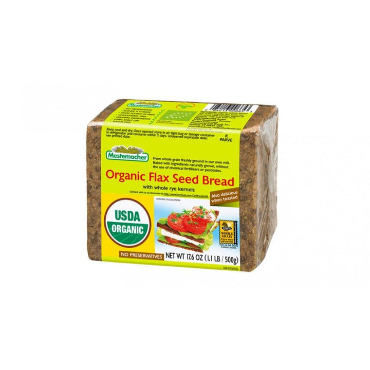 Mestemacher Organic Flax Seed Bread 500 g package, front view