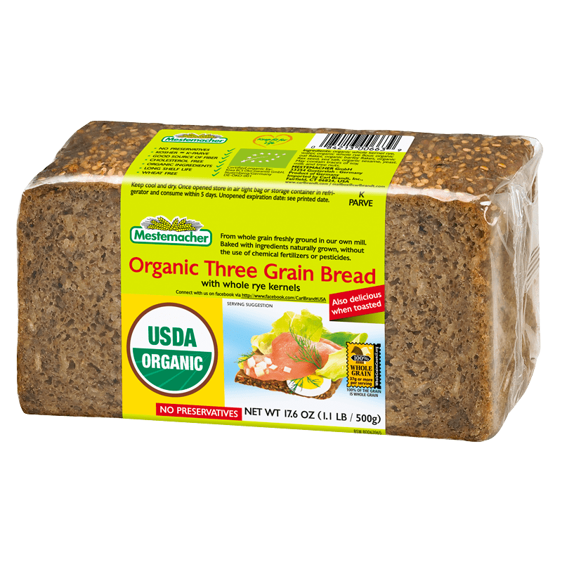 Mestemacher Organic Three Grain Bread loaf package on a white background