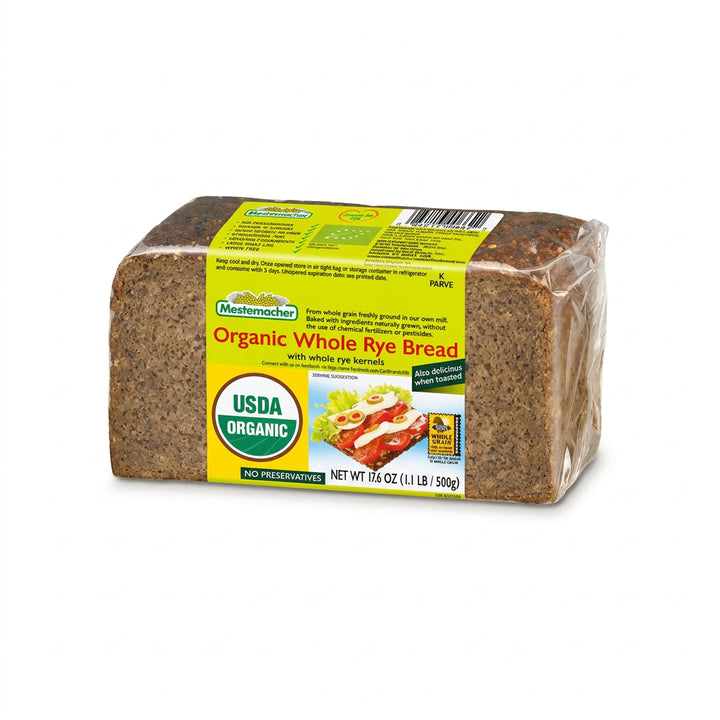 Packaged Mestemacher Organic Whole Rye Bread in plastic wrapping with visible branding and USDA organic label.