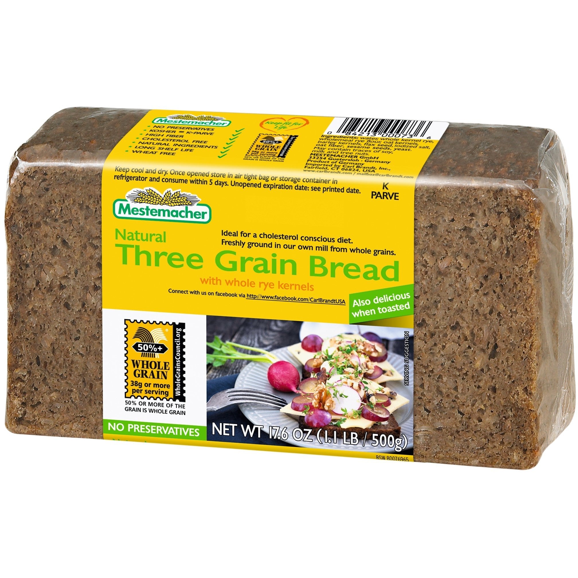 Mestemacher Three Grain Bread loaf package on a white background