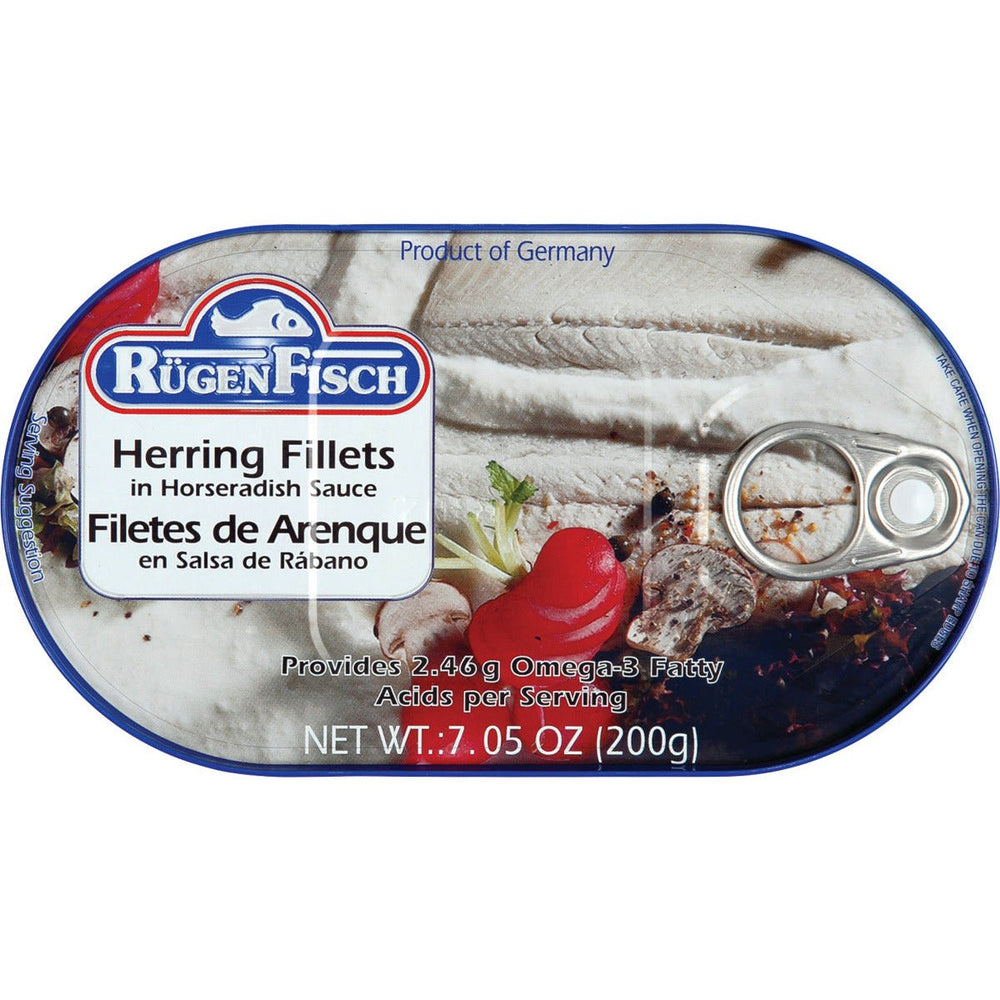 Rügen Fisch herring fillets in horseradish sauce, 200 g can top view