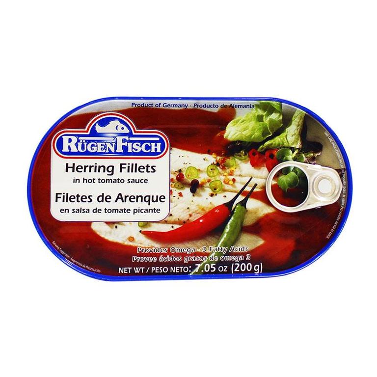 Rügen Fisch herring fillets in hot tomato sauce, 200 g tin