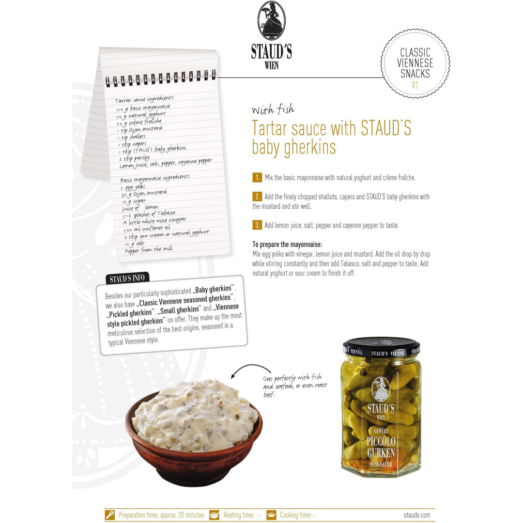 Tartar sauce recipe card featuring Staud's Kleine Gherkins