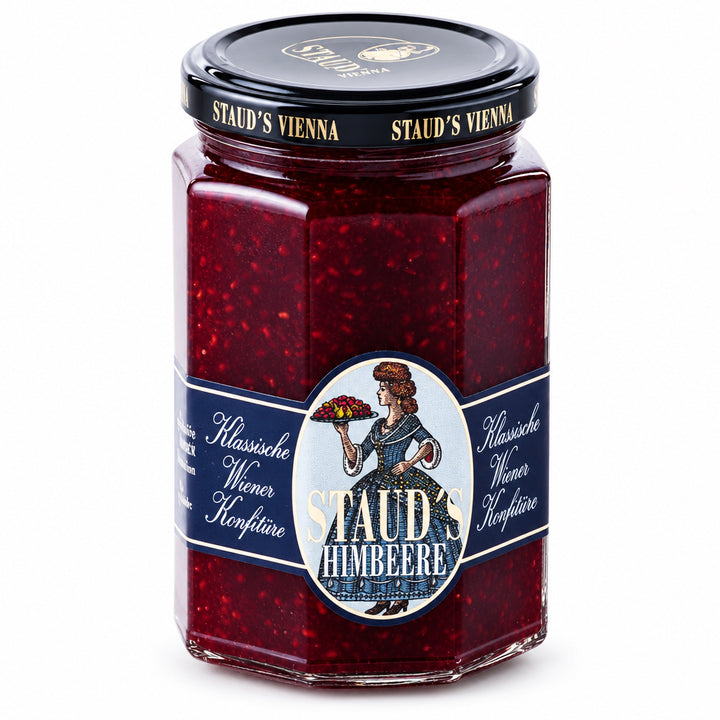 Staud's Raspberry Preserves, 330 g jar, front view