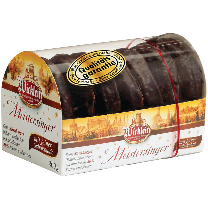 Wicklein Meistersinger Dark Chocolate Lebkuchen, 200 g package angled on white
