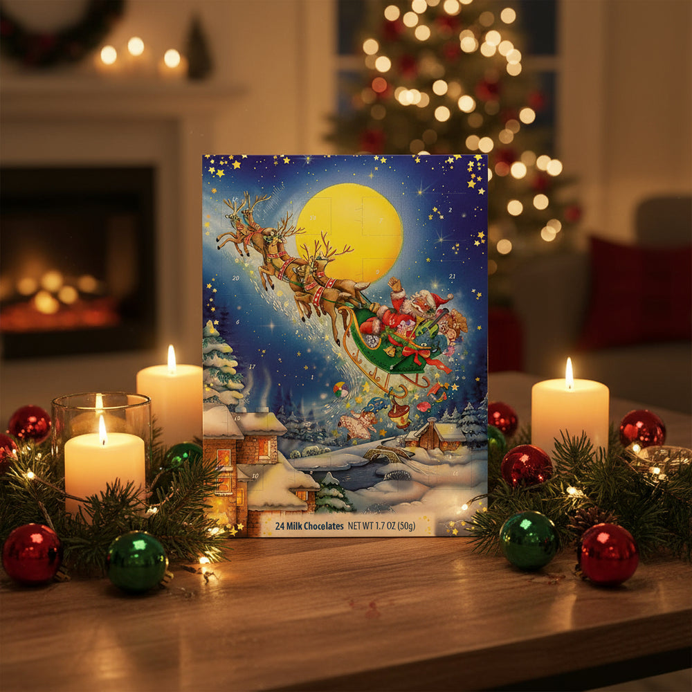 Windel Santa’s Sleigh Advent calendar in a candlelit Christmas scene